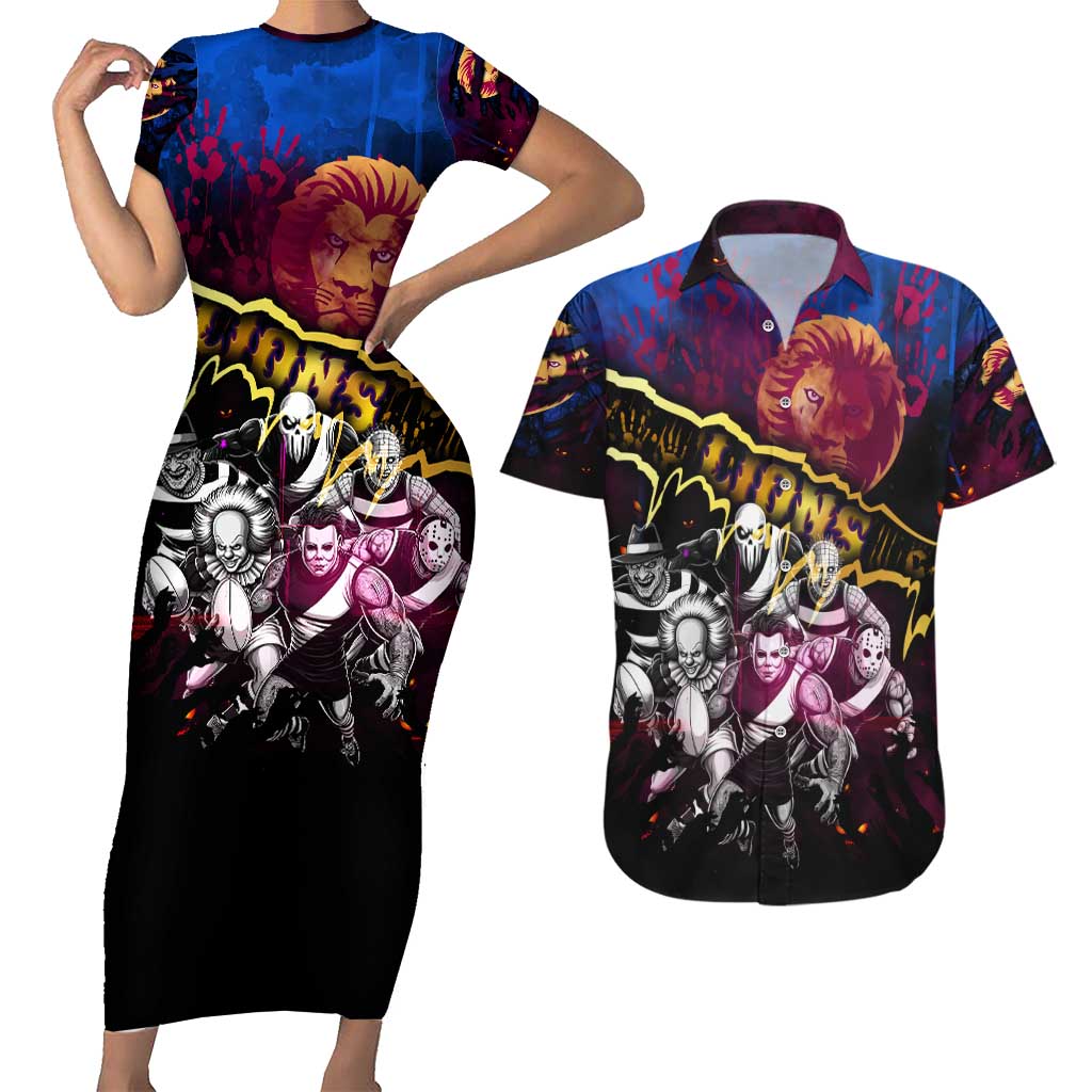 Step Into Horror Domain Lions Football Couples Matching Short Sleeve Bodycon Dress and Hawaiian Shirt Halloween Horror Movie Characters - Aussie Hoodie