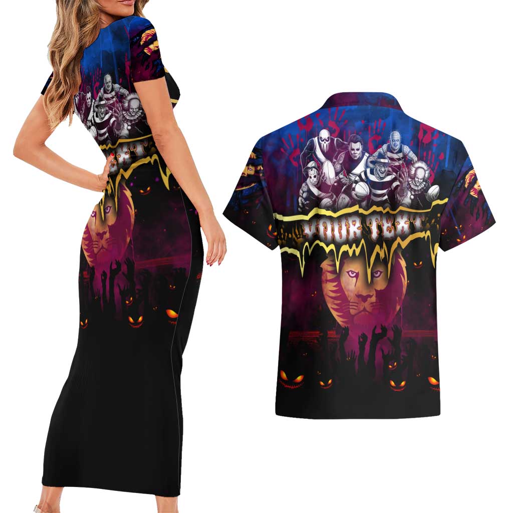 Step Into Horror Domain Lions Football Couples Matching Short Sleeve Bodycon Dress and Hawaiian Shirt Halloween Horror Movie Characters - Aussie Hoodie