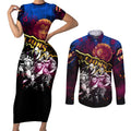 Step Into Horror Domain Lions Football Couples Matching Short Sleeve Bodycon Dress and Long Sleeve Button Shirt Halloween Horror Movie Characters - Aussie Hoodie