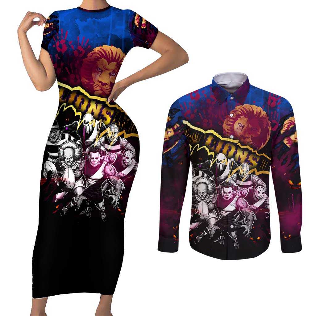 Step Into Horror Domain Lions Football Couples Matching Short Sleeve Bodycon Dress and Long Sleeve Button Shirt Halloween Horror Movie Characters - Aussie Hoodie