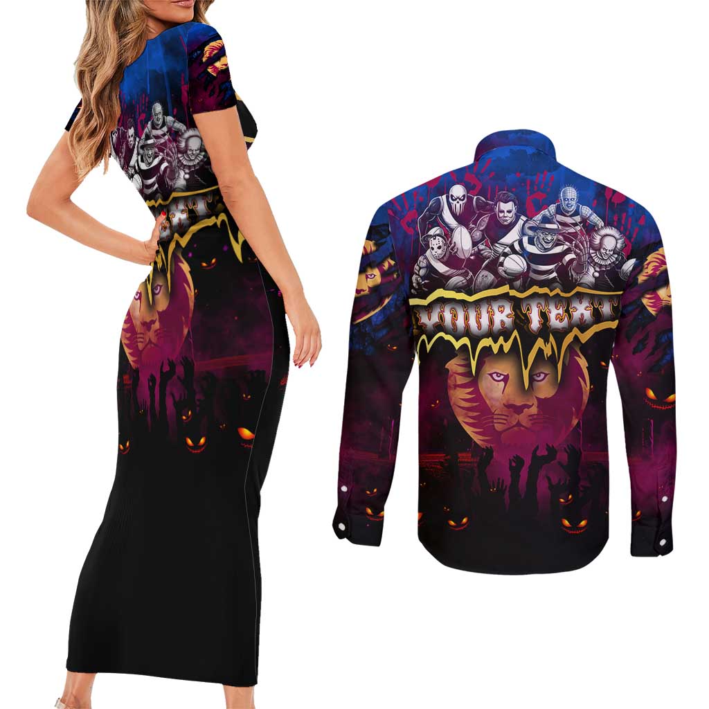 Step Into Horror Domain Lions Football Couples Matching Short Sleeve Bodycon Dress and Long Sleeve Button Shirt Halloween Horror Movie Characters - Aussie Hoodie