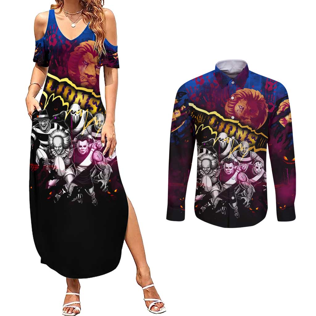 Step Into Horror Domain Lions Football Couples Matching Summer Maxi Dress and Long Sleeve Button Shirt Halloween Horror Movie Characters - Aussie Hoodie