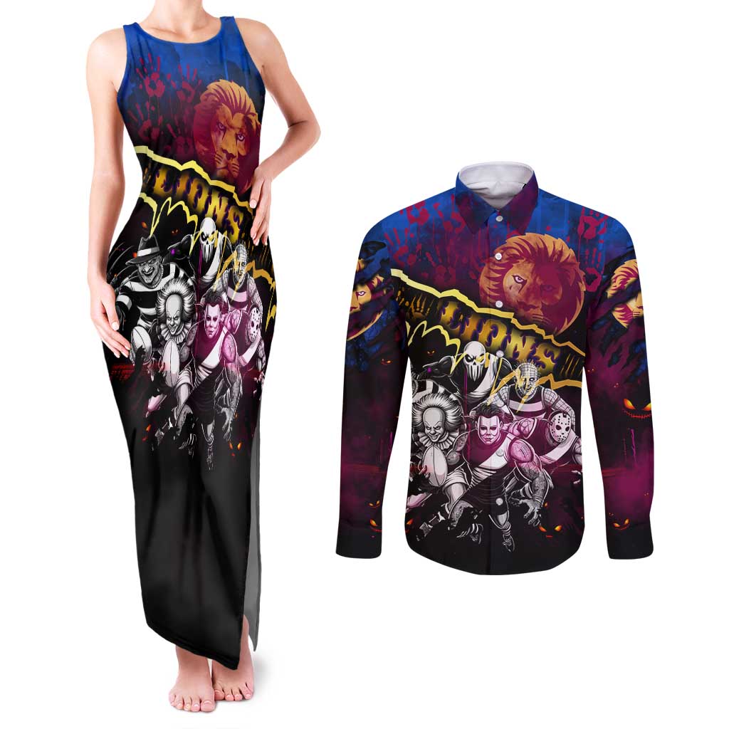 Step Into Horror Domain Lions Football Couples Matching Tank Maxi Dress and Long Sleeve Button Shirt Halloween Horror Movie Characters - Aussie Hoodie