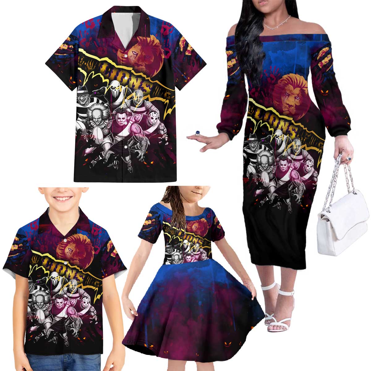 Step Into Horror Domain Lions Football Family Matching Off The Shoulder Long Sleeve Dress and Hawaiian Shirt Halloween Horror Movie Characters - Aussie Hoodie