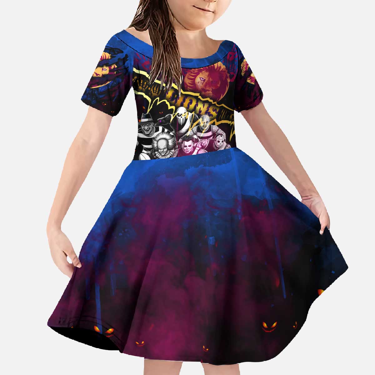 Step Into Horror Domain Lions Football Family Matching Off The Shoulder Long Sleeve Dress and Hawaiian Shirt Halloween Horror Movie Characters - Aussie Hoodie