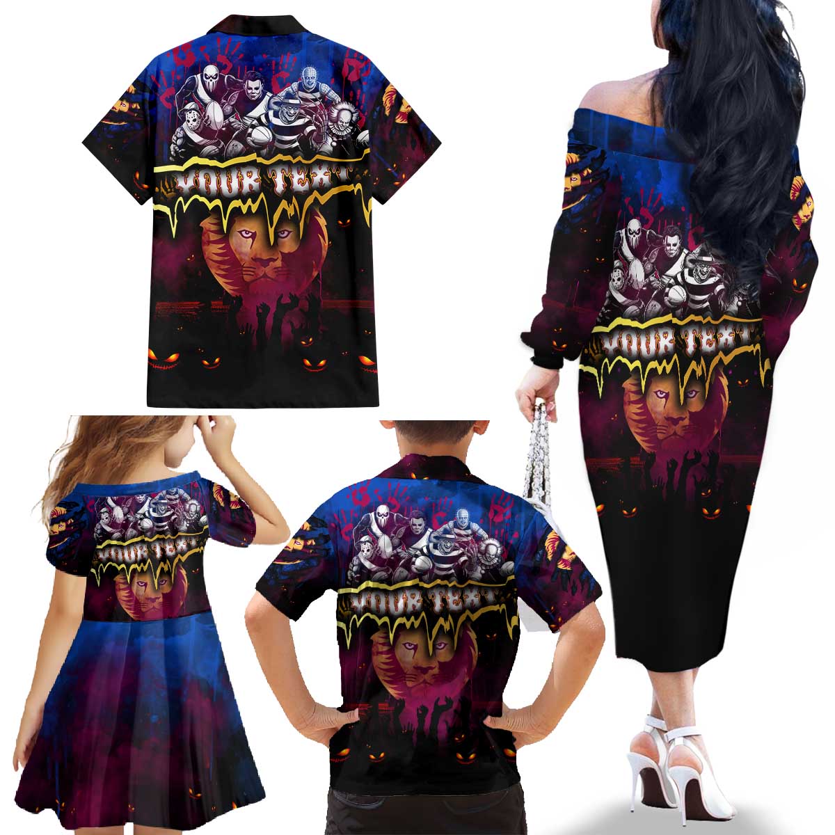 Step Into Horror Domain Lions Football Family Matching Off The Shoulder Long Sleeve Dress and Hawaiian Shirt Halloween Horror Movie Characters - Aussie Hoodie