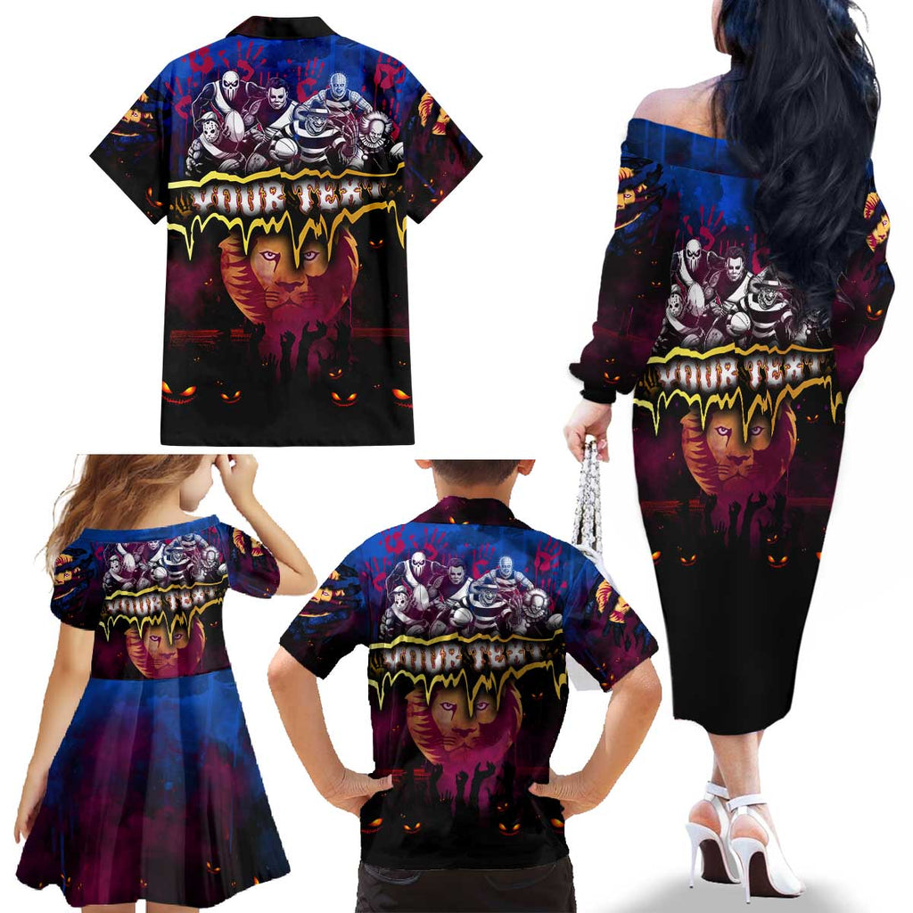 Step Into Horror Domain Lions Football Family Matching Off The Shoulder Long Sleeve Dress and Hawaiian Shirt Halloween Horror Movie Characters - Aussie Hoodie