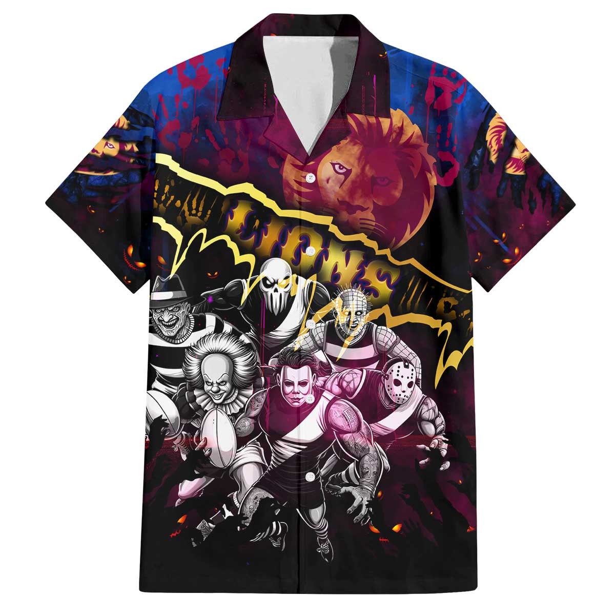 Step Into Horror Domain Lions Football Family Matching Off The Shoulder Long Sleeve Dress and Hawaiian Shirt Halloween Horror Movie Characters - Aussie Hoodie