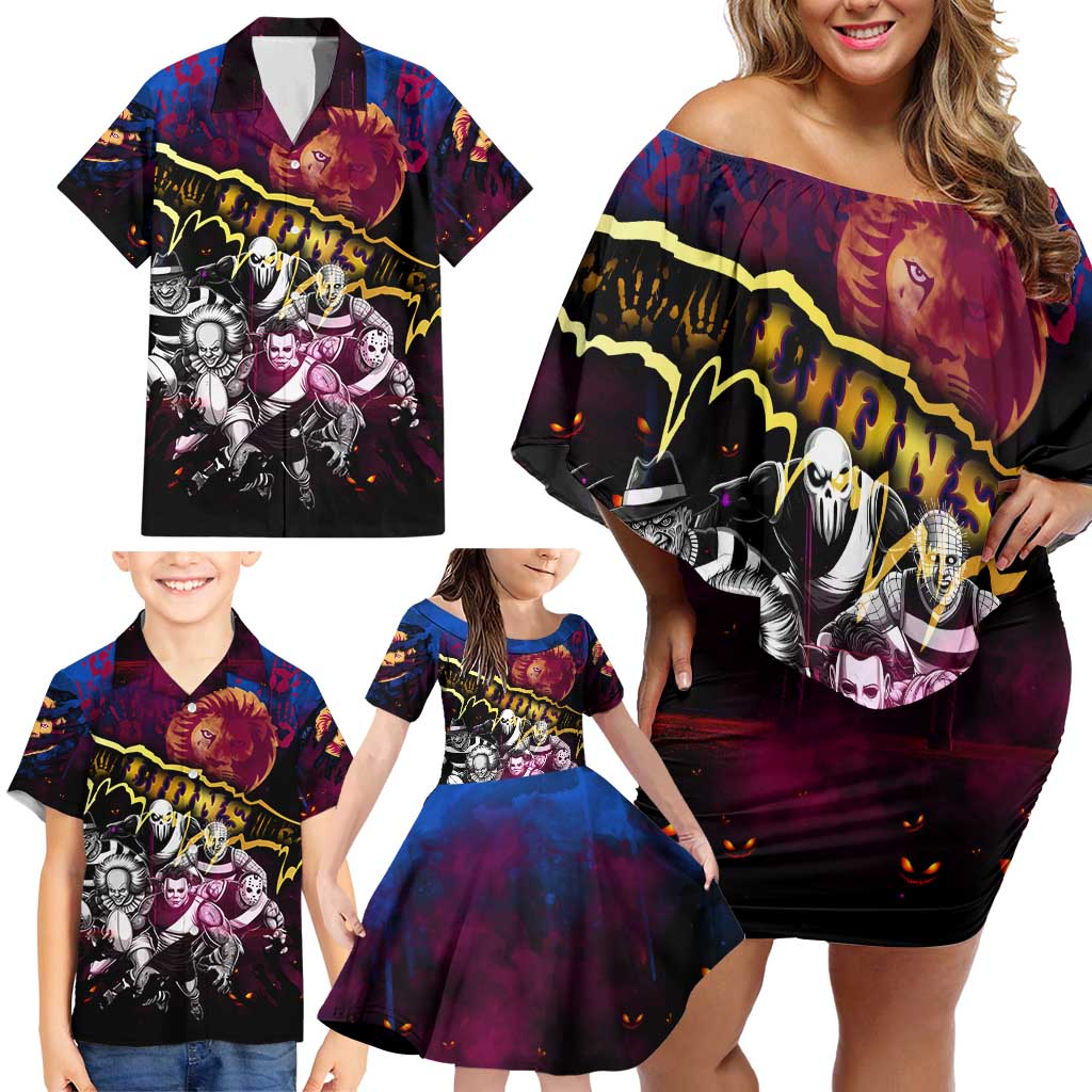 Step Into Horror Domain Lions Football Family Matching Off Shoulder Short Dress and Hawaiian Shirt Halloween Horror Movie Characters - Aussie Hoodie