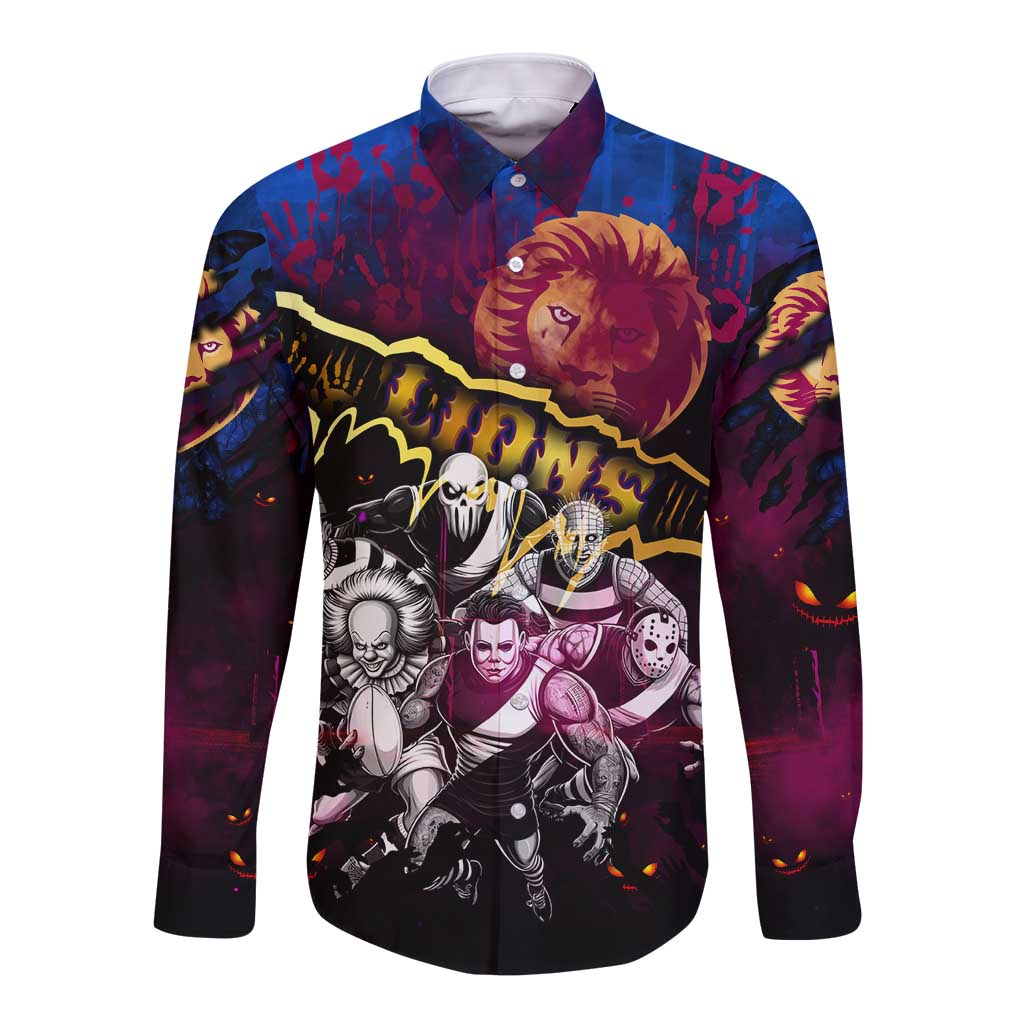 Step Into Horror Domain Lions Football Long Sleeve Button Shirt Halloween Horror Movie Characters - Aussie Hoodie