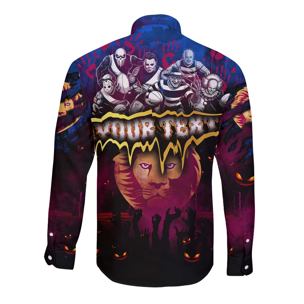 Step Into Horror Domain Lions Football Long Sleeve Button Shirt Halloween Horror Movie Characters - Aussie Hoodie