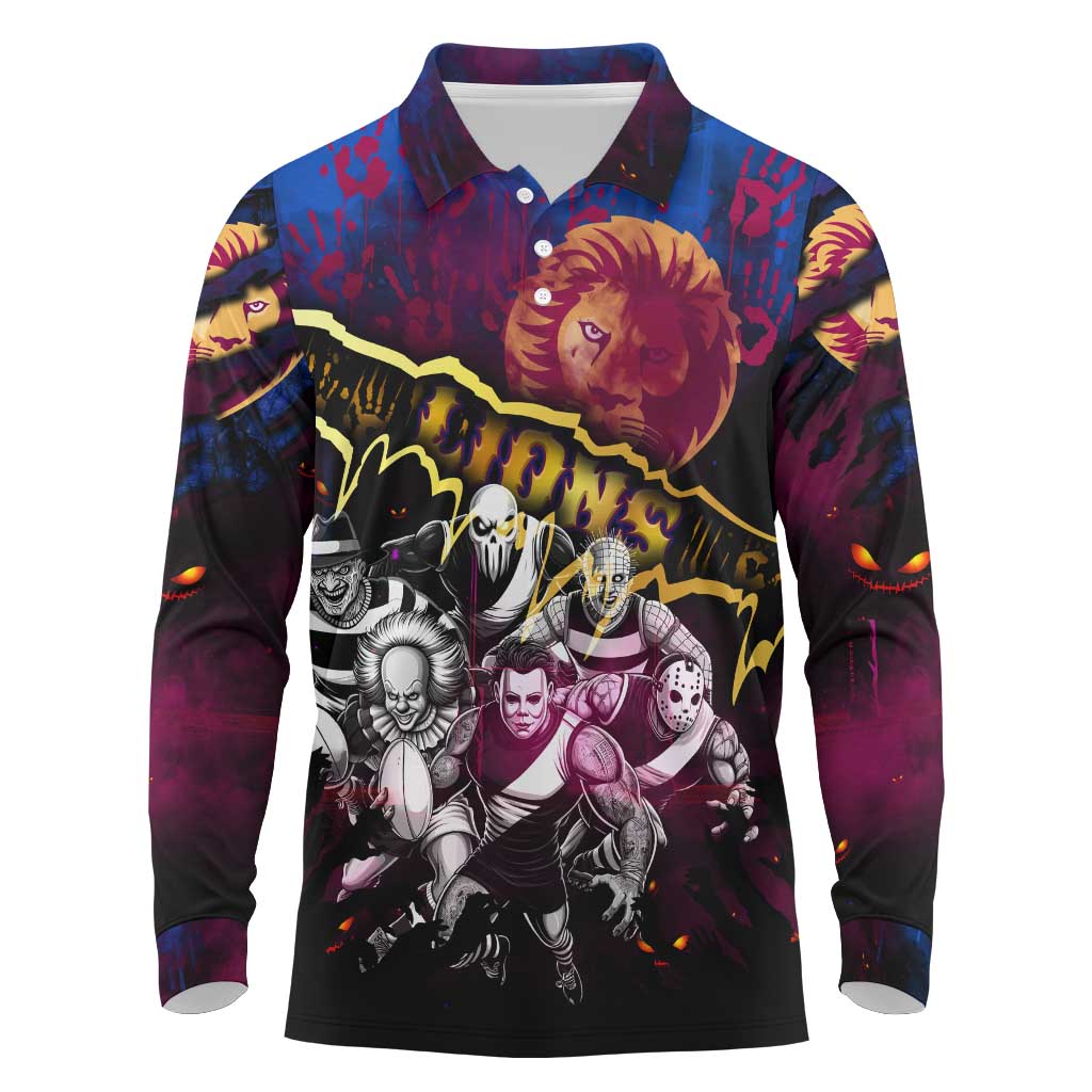 Step Into Horror Domain Lions Football Long Sleeve Polo Shirt Halloween Horror Movie Characters - Aussie Hoodie
