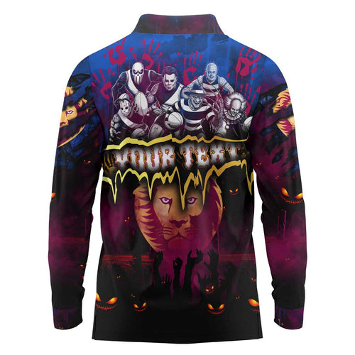 Step Into Horror Domain Lions Football Long Sleeve Polo Shirt Halloween Horror Movie Characters - Aussie Hoodie