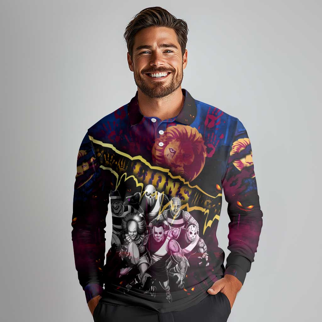 Step Into Horror Domain Lions Football Long Sleeve Polo Shirt Halloween Horror Movie Characters - Aussie Hoodie