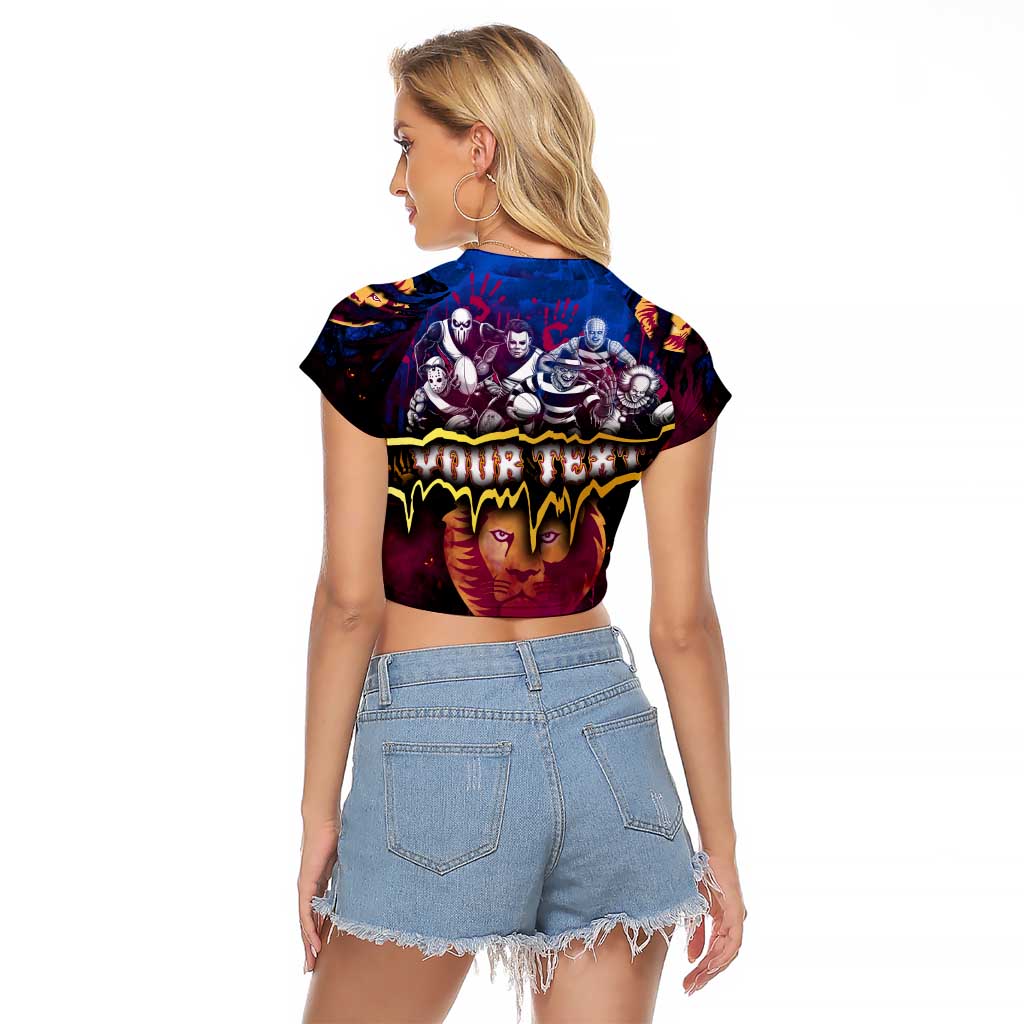 Step Into Horror Domain Lions Football Raglan Cropped T Shirt Halloween Horror Movie Characters - Aussie Hoodie