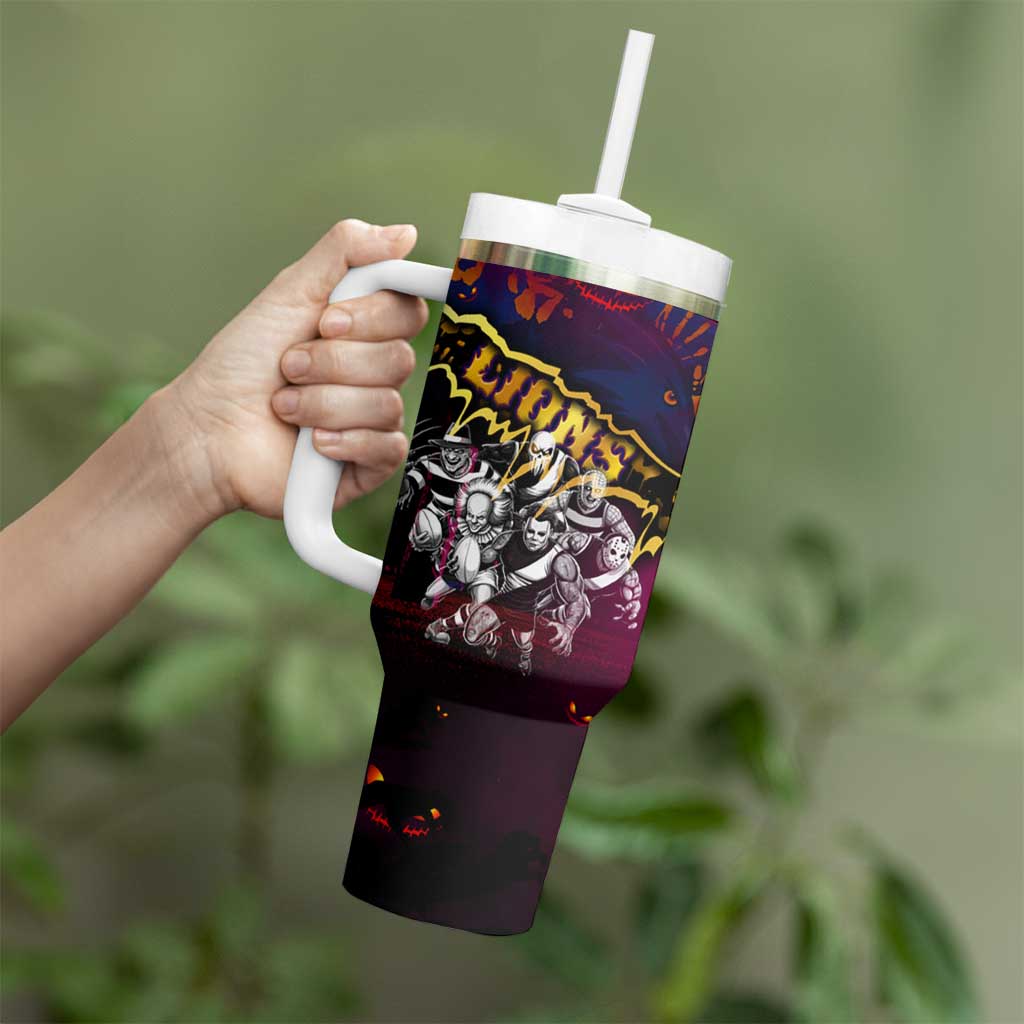 Step Into Horror Domain Lions Football Tumbler With Handle Halloween Horror Movie Characters - Aussie Hoodie
