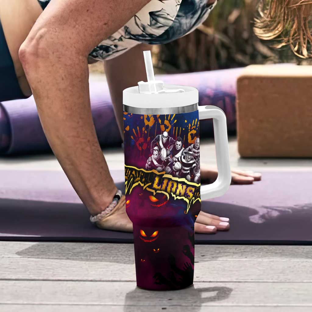 Step Into Horror Domain Lions Football Tumbler With Handle Halloween Horror Movie Characters - Aussie Hoodie