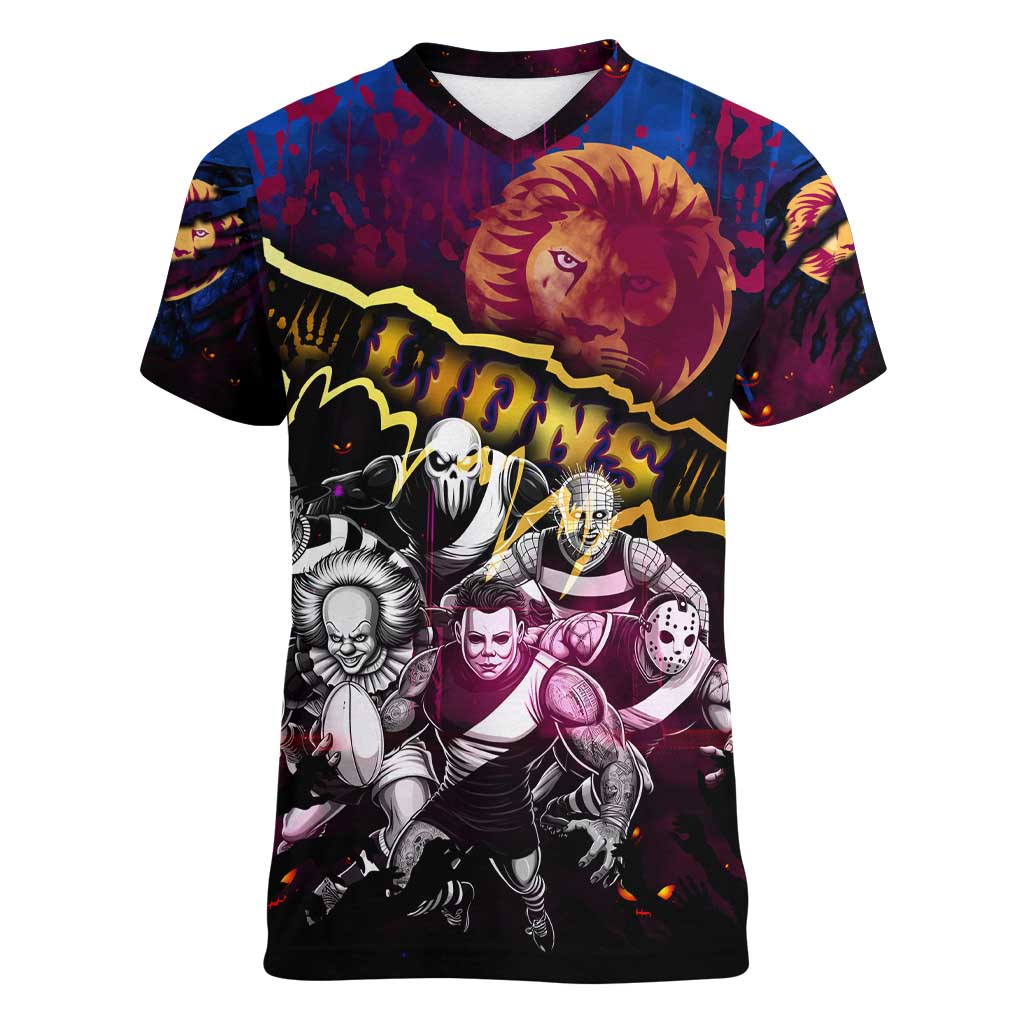 Step Into Horror Domain Lions Football Women V-Neck T-Shirt Halloween Horror Movie Characters - Aussie Hoodie