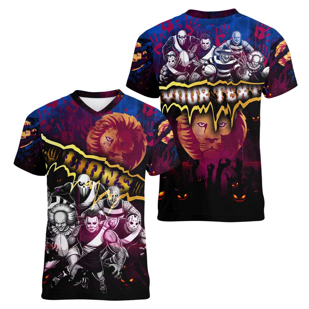 Step Into Horror Domain Lions Football Women V-Neck T-Shirt Halloween Horror Movie Characters - Aussie Hoodie
