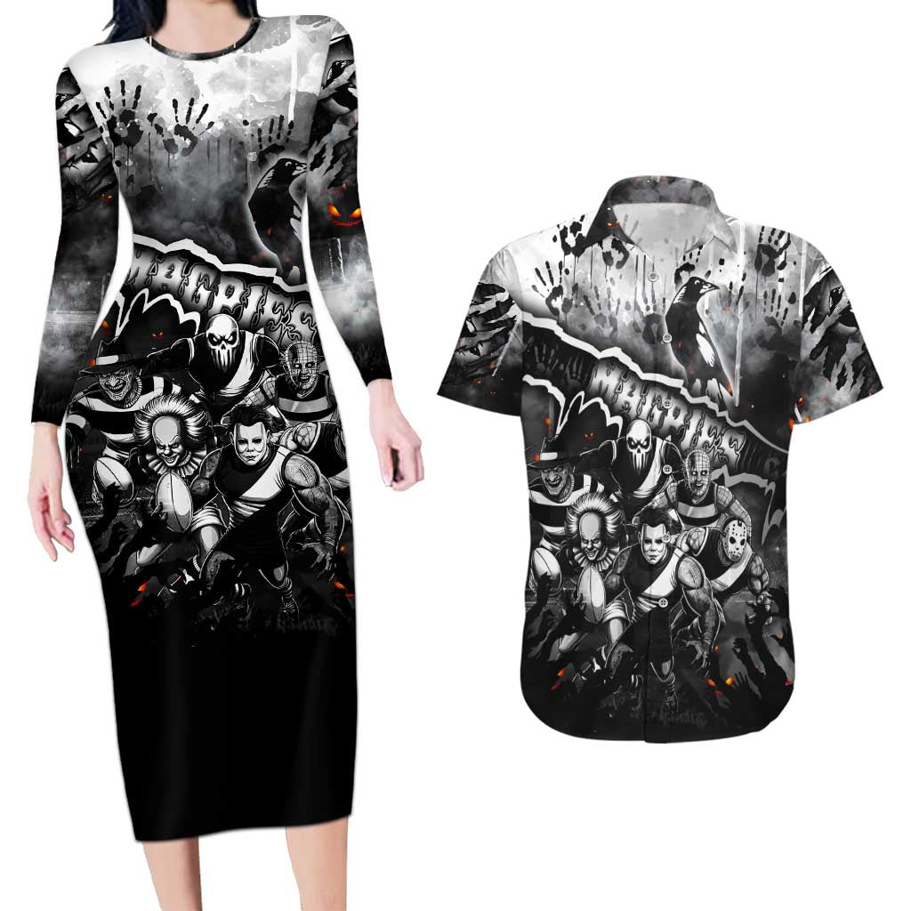 Step Into Horror Domain Magpies Football Couples Matching Long Sleeve Bodycon Dress and Hawaiian Shirt Halloween Horror Movie Characters - Aussie Hoodie