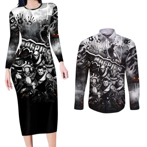 Step Into Horror Domain Magpies Football Couples Matching Long Sleeve Bodycon Dress and Long Sleeve Button Shirt Halloween Horror Movie Characters - Aussie Hoodie