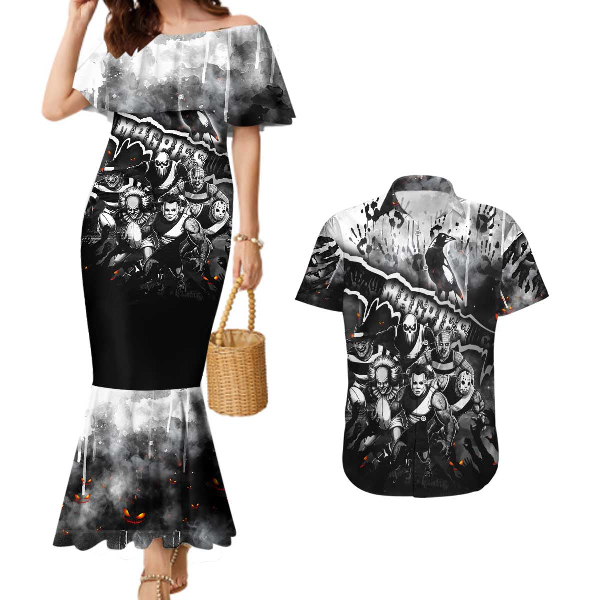 Step Into Horror Domain Magpies Football Couples Matching Mermaid Dress and Hawaiian Shirt Halloween Horror Movie Characters - Aussie Hoodie