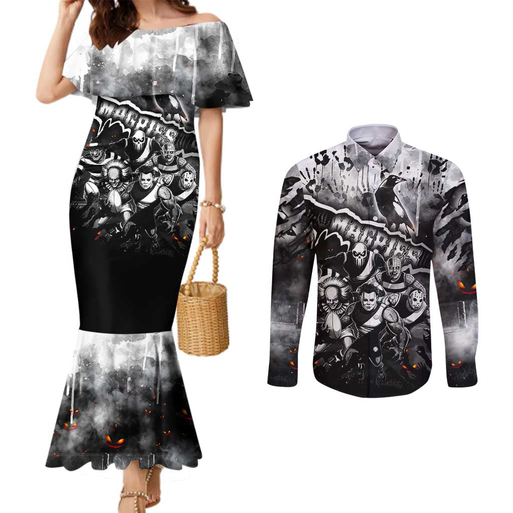 Step Into Horror Domain Magpies Football Couples Matching Mermaid Dress and Long Sleeve Button Shirt Halloween Horror Movie Characters - Aussie Hoodie