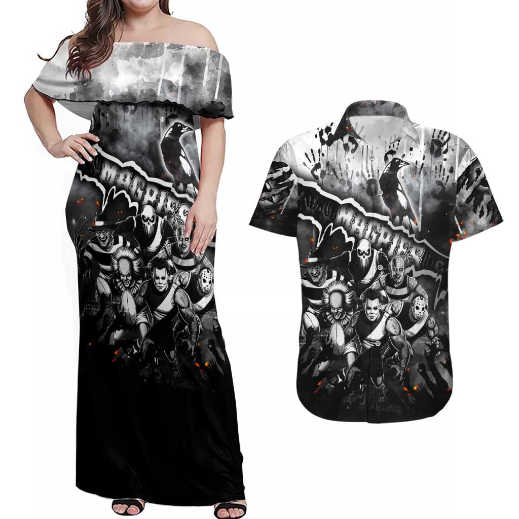 Step Into Horror Domain Magpies Football Couples Matching Off Shoulder Maxi Dress and Hawaiian Shirt Halloween Horror Movie Characters - Aussie Hoodie