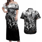 Step Into Horror Domain Magpies Football Couples Matching Off Shoulder Maxi Dress and Hawaiian Shirt Halloween Horror Movie Characters - Aussie Hoodie
