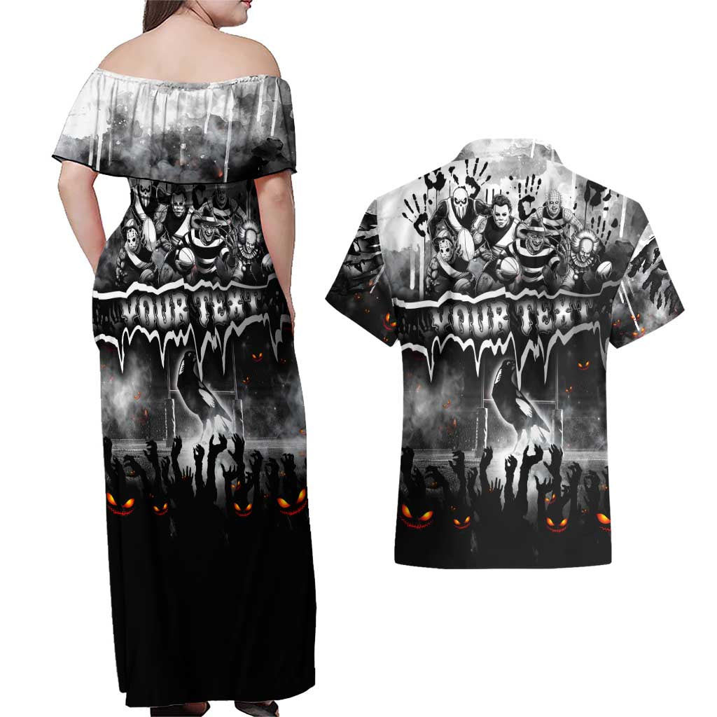 Step Into Horror Domain Magpies Football Couples Matching Off Shoulder Maxi Dress and Hawaiian Shirt Halloween Horror Movie Characters - Aussie Hoodie