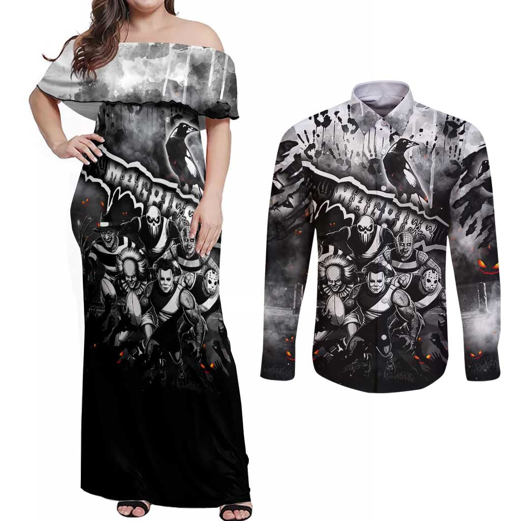 Step Into Horror Domain Magpies Football Couples Matching Off Shoulder Maxi Dress and Long Sleeve Button Shirt Halloween Horror Movie Characters - Aussie Hoodie