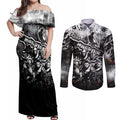 Step Into Horror Domain Magpies Football Couples Matching Off Shoulder Maxi Dress and Long Sleeve Button Shirt Halloween Horror Movie Characters - Aussie Hoodie