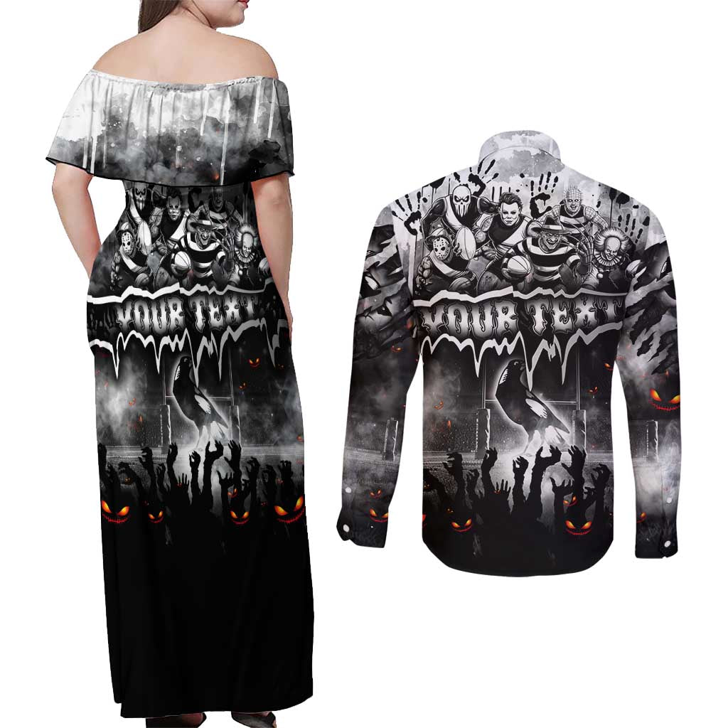 Step Into Horror Domain Magpies Football Couples Matching Off Shoulder Maxi Dress and Long Sleeve Button Shirt Halloween Horror Movie Characters - Aussie Hoodie