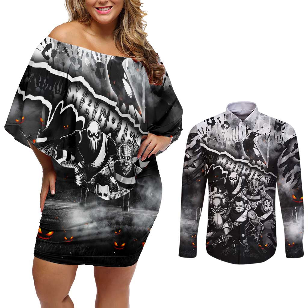Step Into Horror Domain Magpies Football Couples Matching Off Shoulder Short Dress and Long Sleeve Button Shirt Halloween Horror Movie Characters - Aussie Hoodie