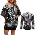 Step Into Horror Domain Magpies Football Couples Matching Off Shoulder Short Dress and Long Sleeve Button Shirt Halloween Horror Movie Characters - Aussie Hoodie