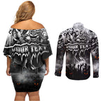 Step Into Horror Domain Magpies Football Couples Matching Off Shoulder Short Dress and Long Sleeve Button Shirt Halloween Horror Movie Characters - Aussie Hoodie