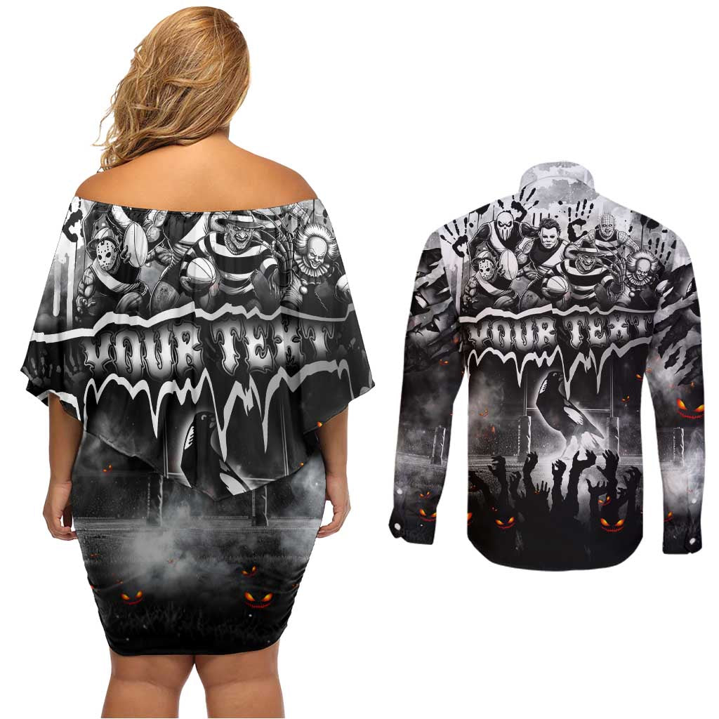 Step Into Horror Domain Magpies Football Couples Matching Off Shoulder Short Dress and Long Sleeve Button Shirt Halloween Horror Movie Characters - Aussie Hoodie