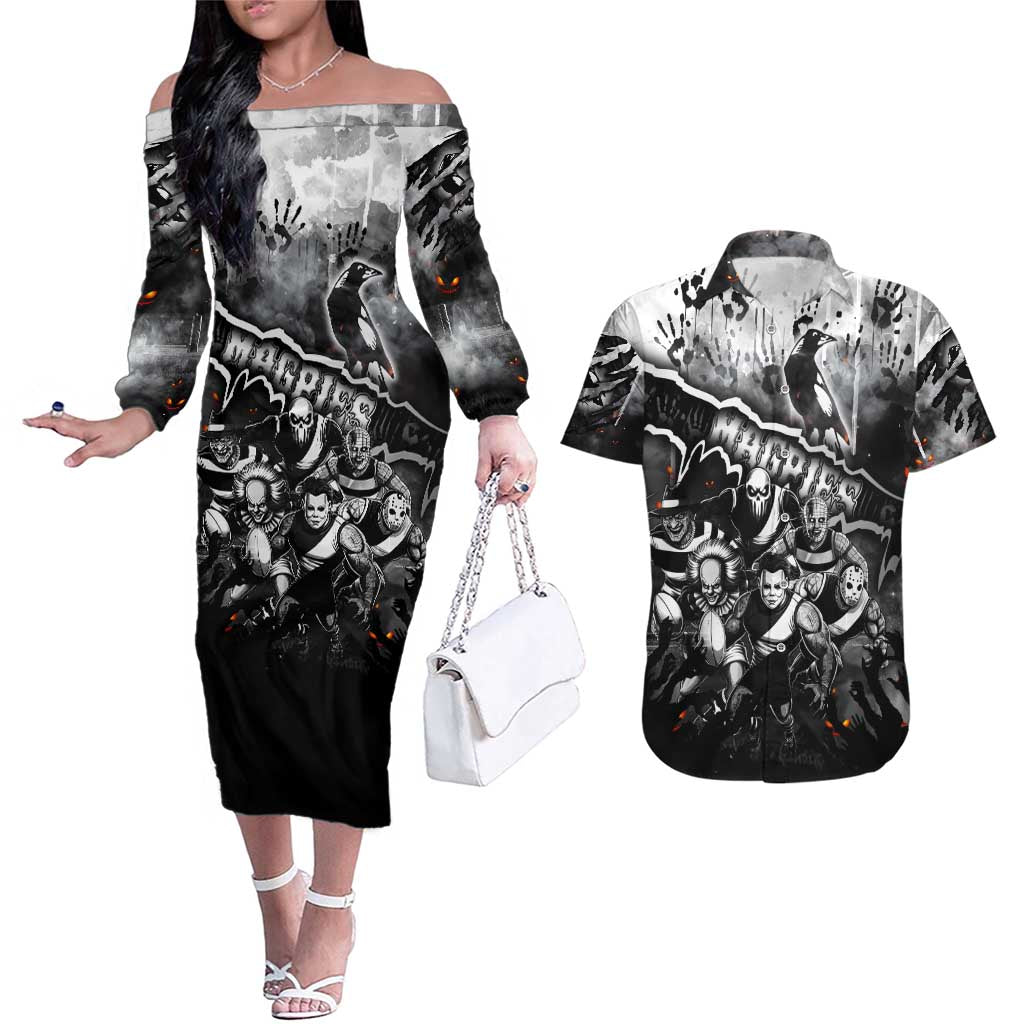 Step Into Horror Domain Magpies Football Couples Matching Off The Shoulder Long Sleeve Dress and Hawaiian Shirt Halloween Horror Movie Characters - Aussie Hoodie