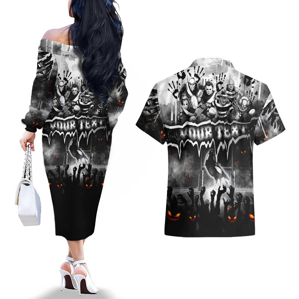 Step Into Horror Domain Magpies Football Couples Matching Off The Shoulder Long Sleeve Dress and Hawaiian Shirt Halloween Horror Movie Characters - Aussie Hoodie