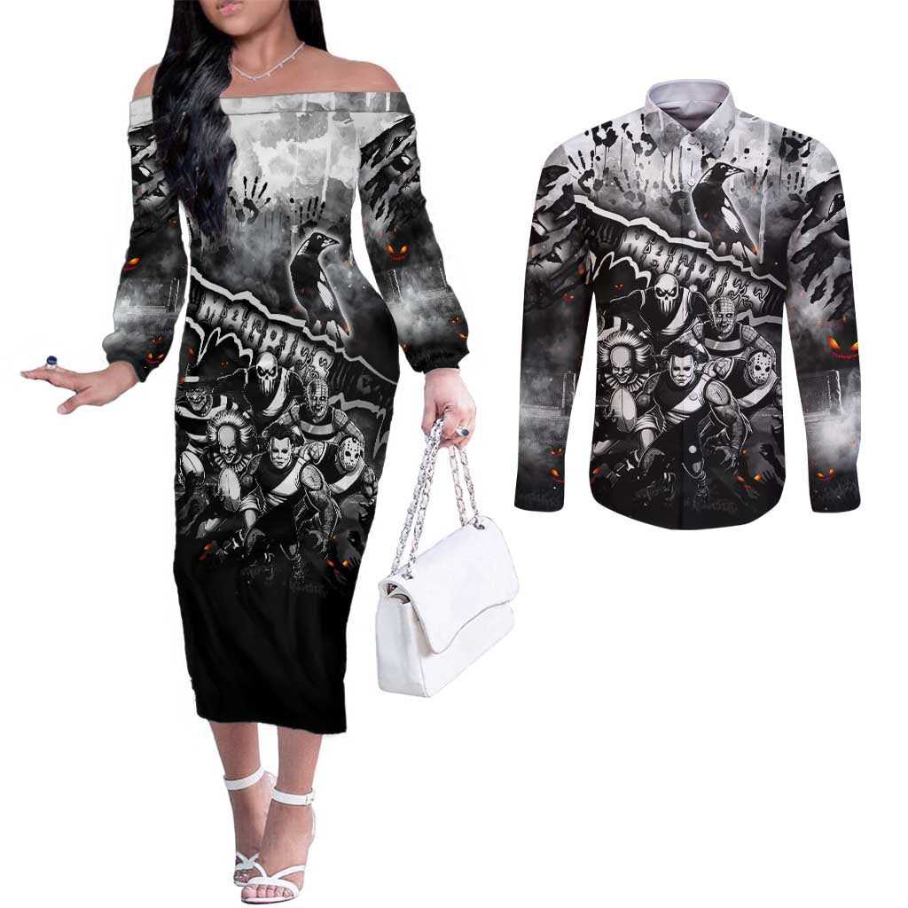 Step Into Horror Domain Magpies Football Couples Matching Off The Shoulder Long Sleeve Dress and Long Sleeve Button Shirt Halloween Horror Movie Characters - Aussie Hoodie