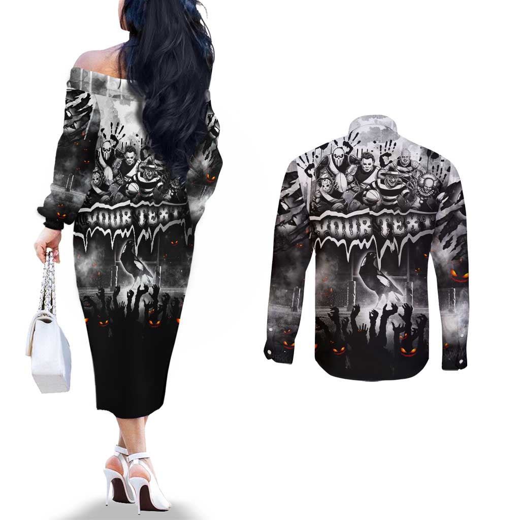 Step Into Horror Domain Magpies Football Couples Matching Off The Shoulder Long Sleeve Dress and Long Sleeve Button Shirt Halloween Horror Movie Characters - Aussie Hoodie