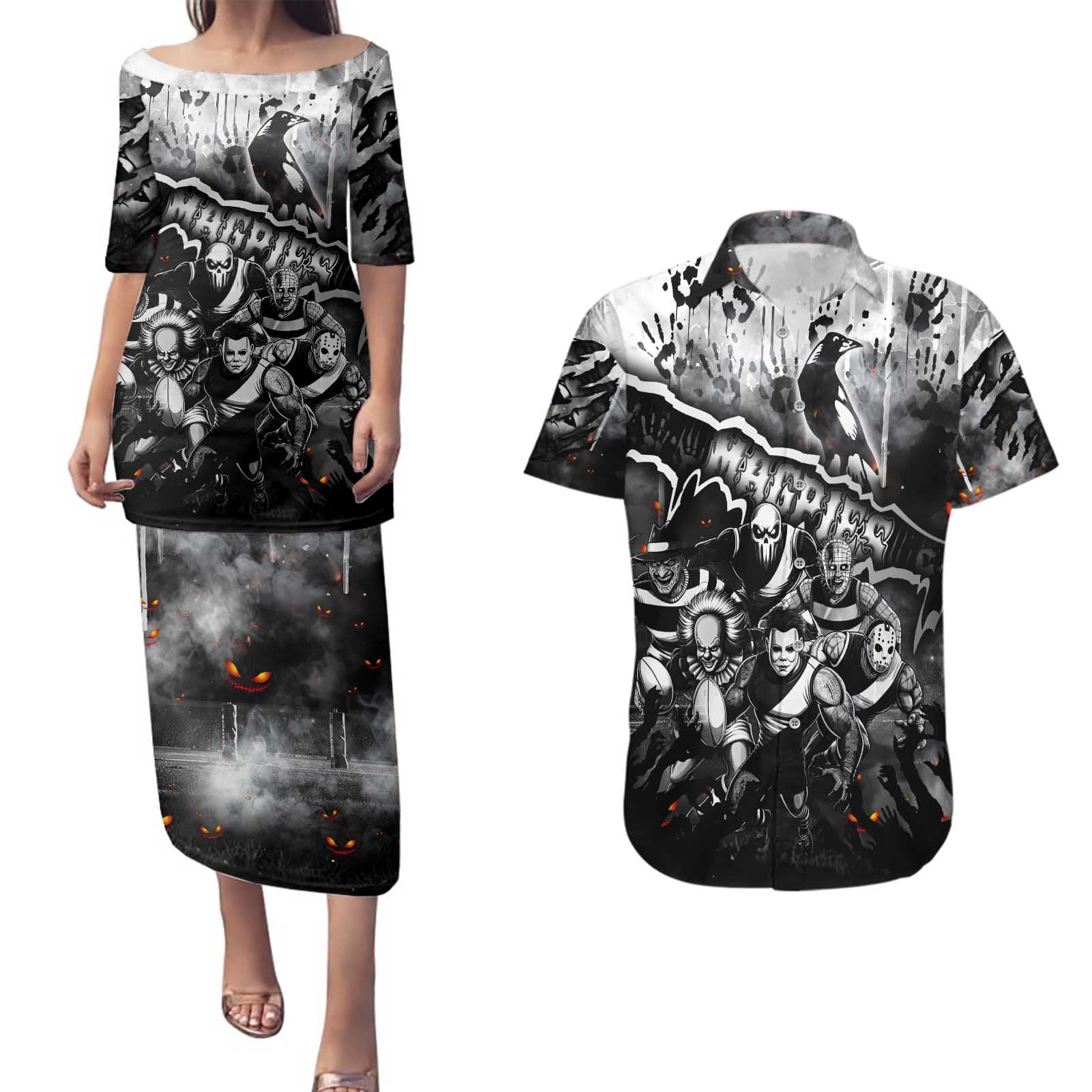 Step Into Horror Domain Magpies Football Couples Matching Puletasi and Hawaiian Shirt Halloween Horror Movie Characters - Aussie Hoodie