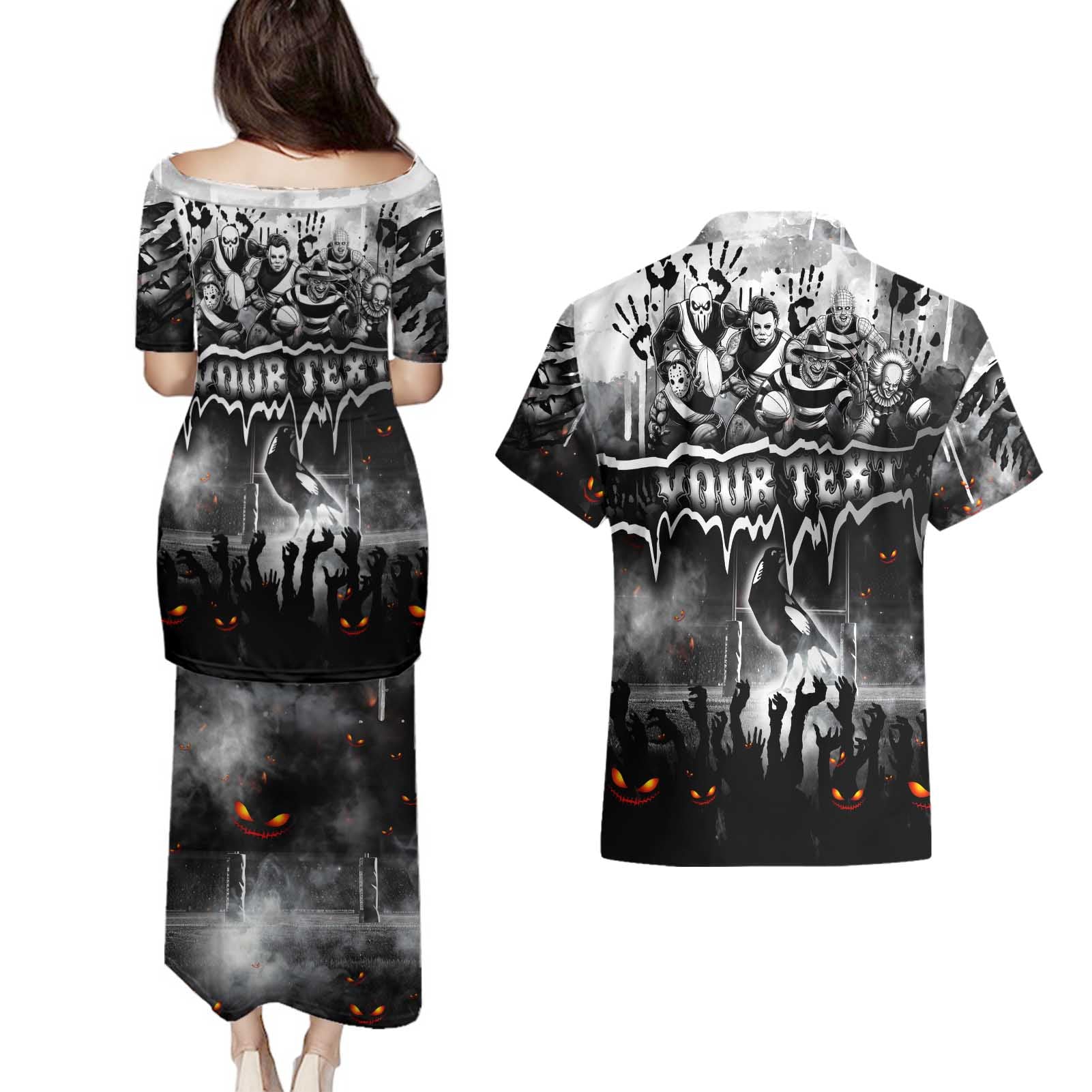 Step Into Horror Domain Magpies Football Couples Matching Puletasi and Hawaiian Shirt Halloween Horror Movie Characters - Aussie Hoodie