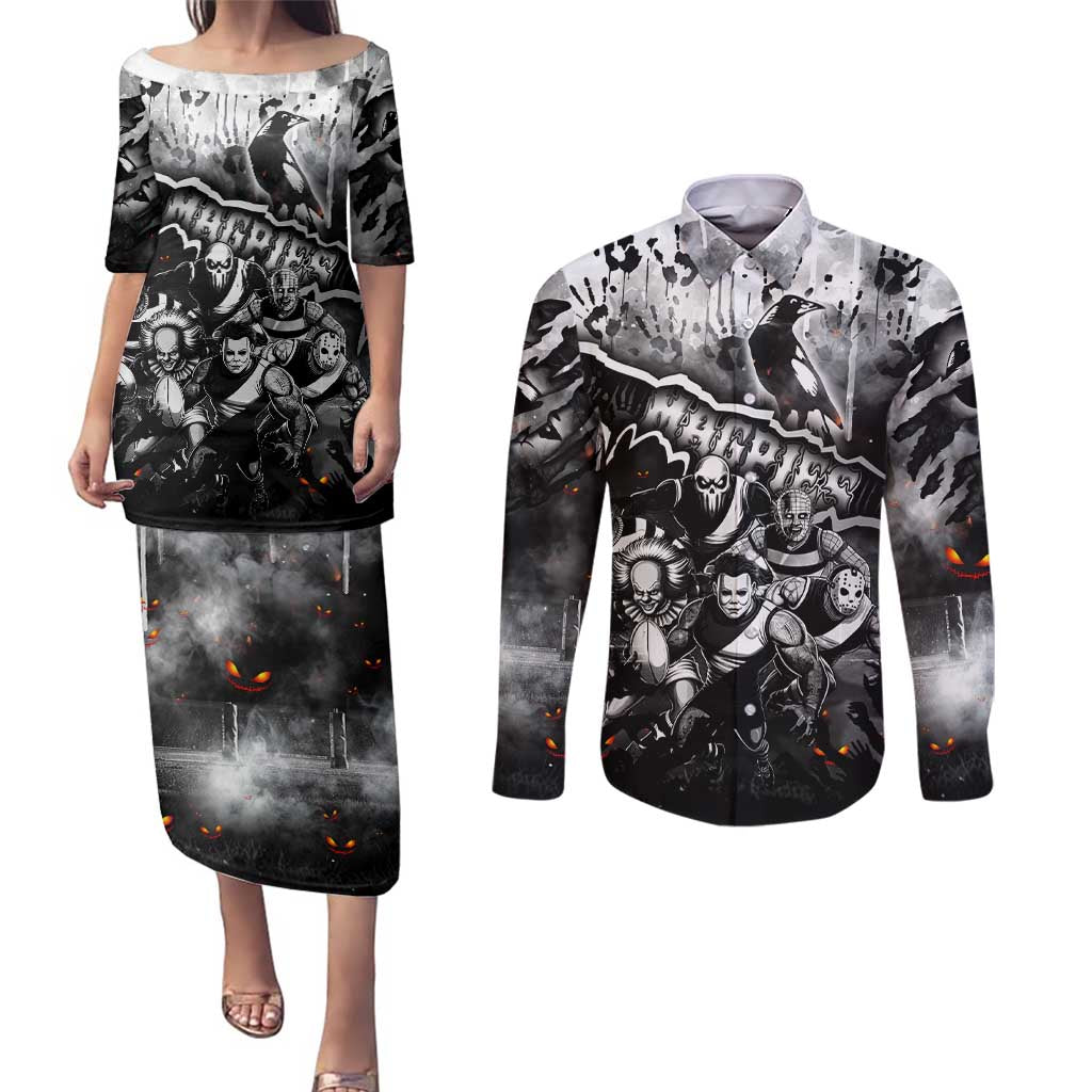 Step Into Horror Domain Magpies Football Couples Matching Puletasi and Long Sleeve Button Shirt Halloween Horror Movie Characters - Aussie Hoodie