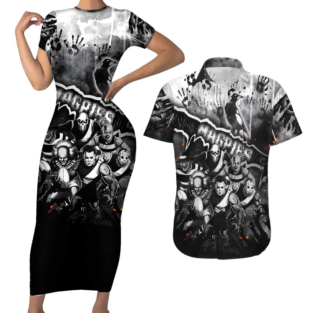 Step Into Horror Domain Magpies Football Couples Matching Short Sleeve Bodycon Dress and Hawaiian Shirt Halloween Horror Movie Characters - Aussie Hoodie