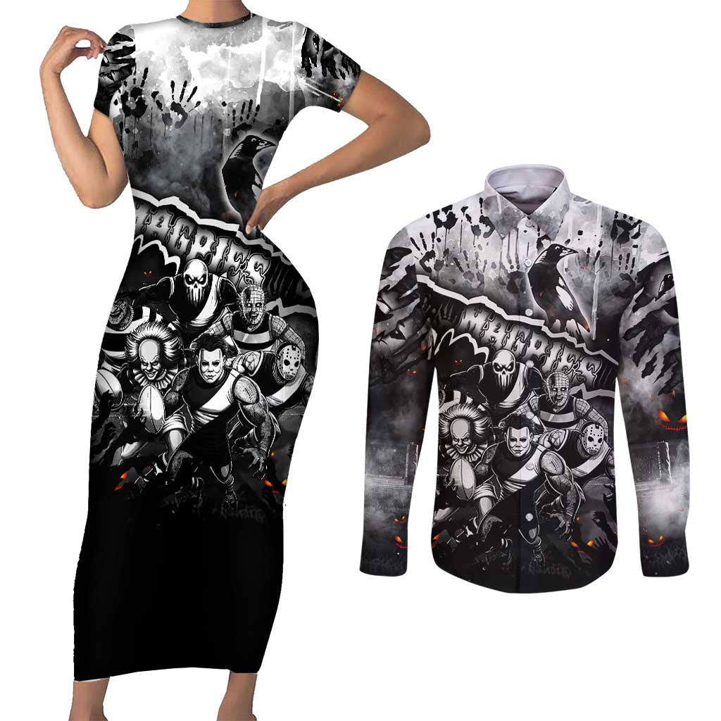 Step Into Horror Domain Magpies Football Couples Matching Short Sleeve Bodycon Dress and Long Sleeve Button Shirt Halloween Horror Movie Characters - Aussie Hoodie