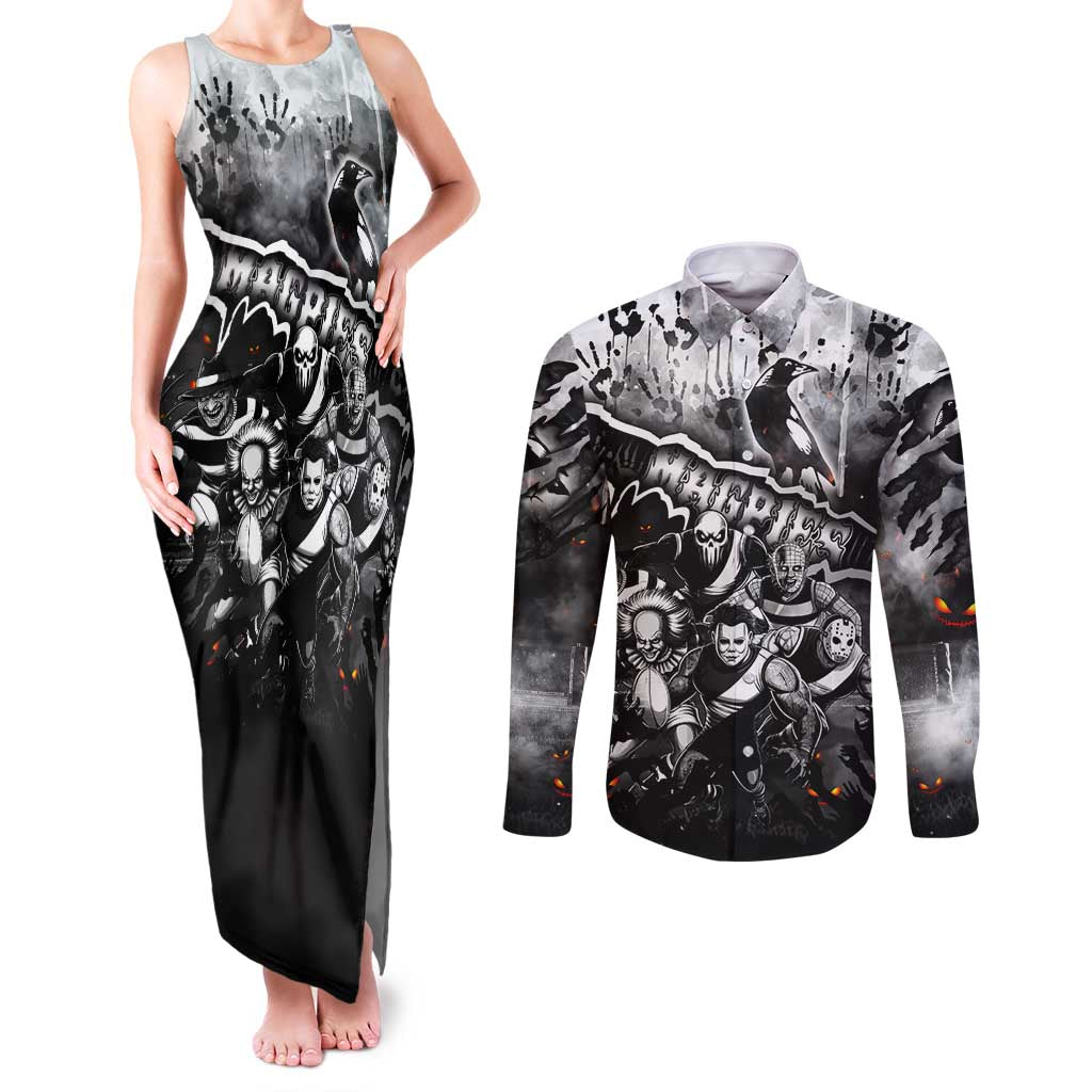 Step Into Horror Domain Magpies Football Couples Matching Tank Maxi Dress and Long Sleeve Button Shirt Halloween Horror Movie Characters - Aussie Hoodie