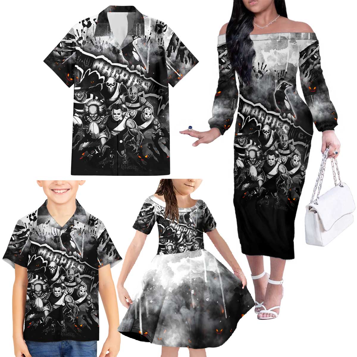 Step Into Horror Domain Magpies Football Family Matching Off The Shoulder Long Sleeve Dress and Hawaiian Shirt Halloween Horror Movie Characters - Aussie Hoodie