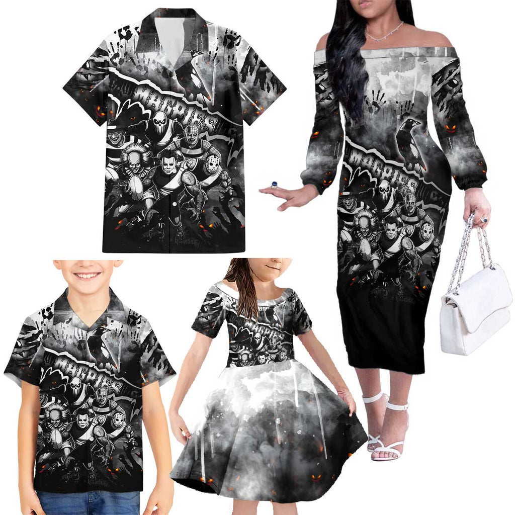 Step Into Horror Domain Magpies Football Family Matching Off The Shoulder Long Sleeve Dress and Hawaiian Shirt Halloween Horror Movie Characters - Aussie Hoodie