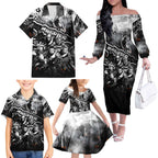 Step Into Horror Domain Magpies Football Family Matching Off The Shoulder Long Sleeve Dress and Hawaiian Shirt Halloween Horror Movie Characters - Aussie Hoodie